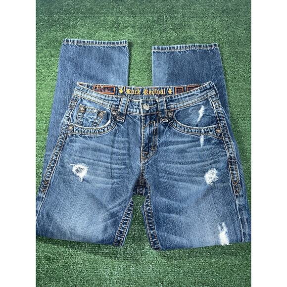 Rock Revival Jeans Mens Y2K Anthony Straight Distressed Faded Whiskering 32x33 - Picture 1 of 12